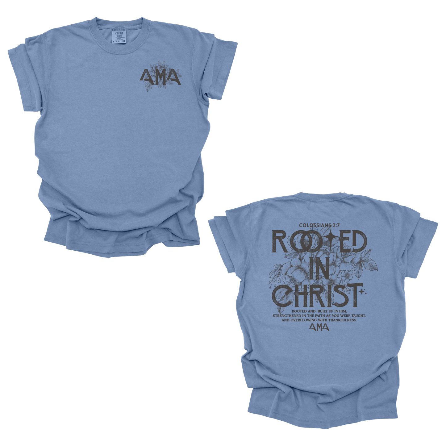 Rooted in Christ T-Shirt – Colossians 2:7 Bible Verse Tee