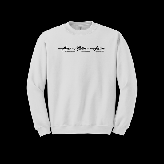 Sweatshirt Oficial AMA Blanca – Amor • Misión • Acción