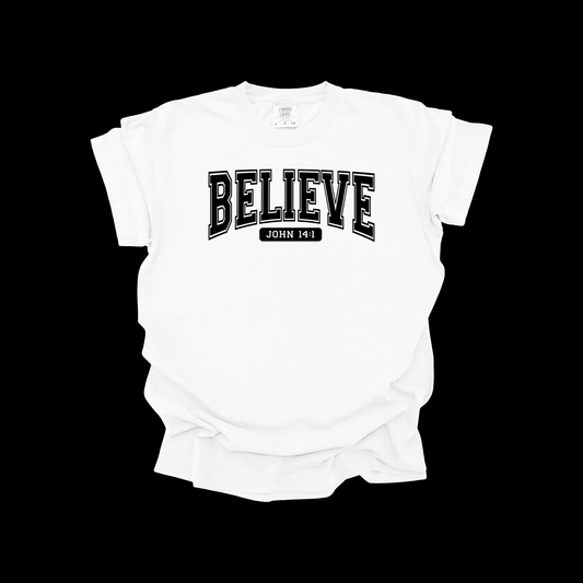 Believe Christian T-Shirt – John 14:1 Bible Verse Faith Tee