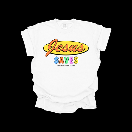 AMA “Jesus Saves” Christian T-Shirt – Colorful Retro Faith Tee